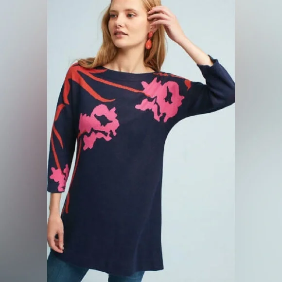 Anthropologie Field & Flower Navy Sweater with Pink Floral Design - Picture 1 of 8